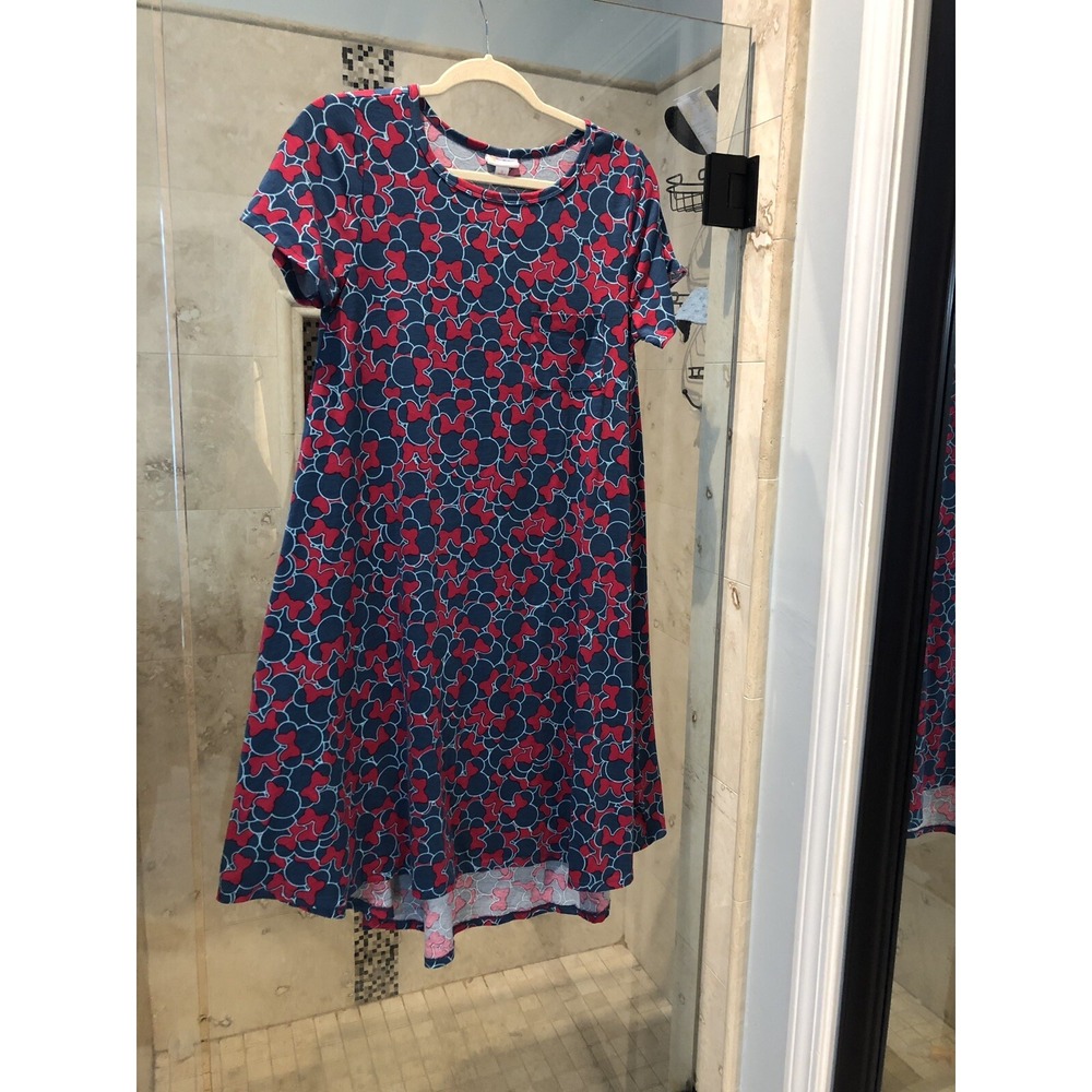 LuLaRoe Disney Carly Dress Small Teal Pink Mickey Mouse Head Swing High Low